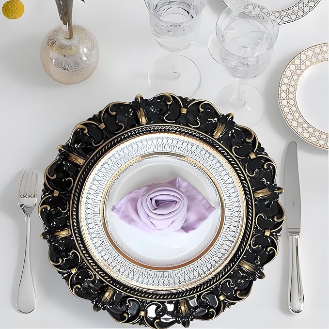 6 Pack Black Charger Plates 13" Round Charger Plates for Dinning Plates with Embossed Rim Plastic Charger for Dinner, Wedding, Elegant Tableware Decor