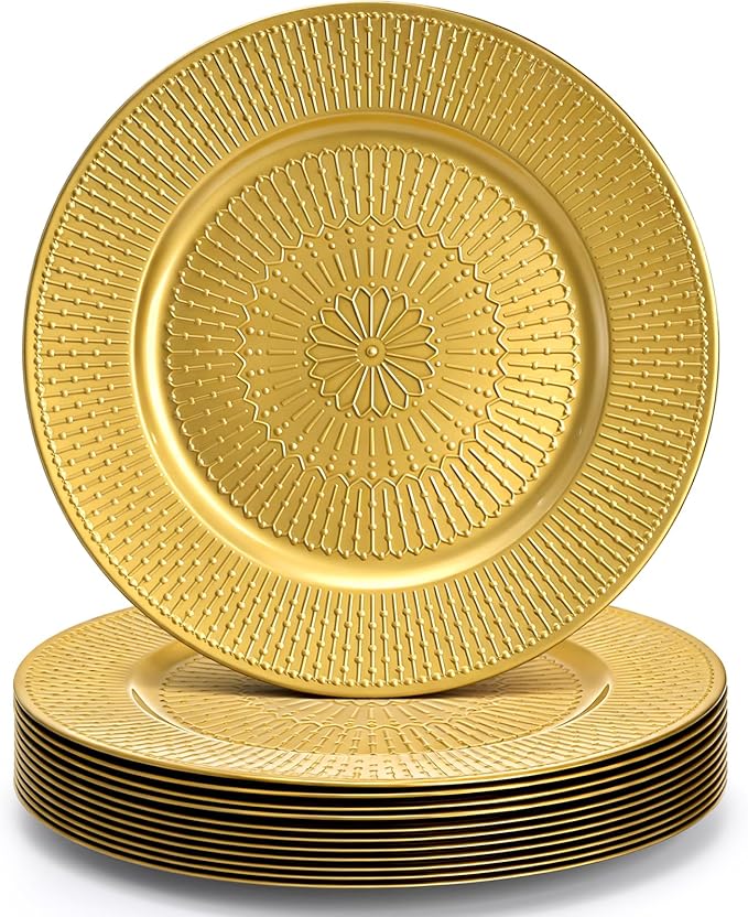 DEAYOU 12 Pack Gold Charger Plate, 13 Inch Beaded Chargers for Dinner Plates, Plastic Reusable Round Charger Platters for Wedding, Table Setting, Serving, Party, Decoration, Event, Holiday