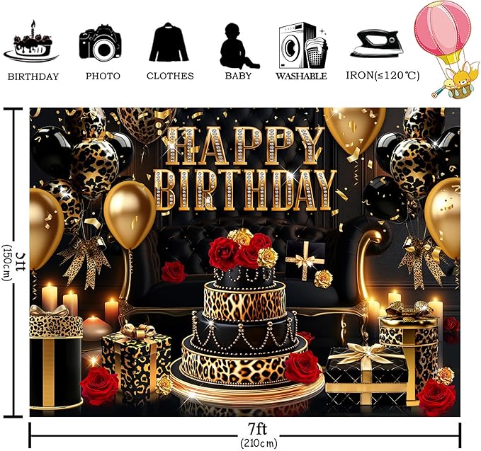 Homewelle Happy Birthday Backdrop for Women 7Wx5H Feet Black Gold Leopard Print Cheetah Balloon Banner Decoration Red Rose Party Celebration Photography Background Photo Shoot Props Polyester Fabric
