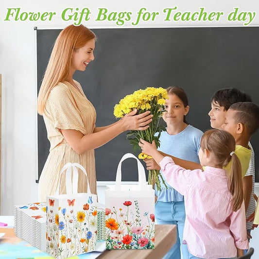 48 Pcs Floral Gift Bags Wildflower Party Favor Reusable Non Woven Treat Tote Welcome Flower Goodie Gift Bags with Handle for Wedding Guest Birthday Bridal Baby Shower Decor Party Supplies