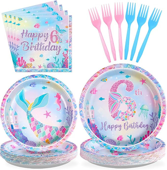 96Pcs Mermaid 6th Birthday Party Decorations for Girls Little Mermaid Plates and Napkins Tableware Sets Under the Sea Theme Decorations for Baby Shower 6 Years old Party Supplies Serves 24