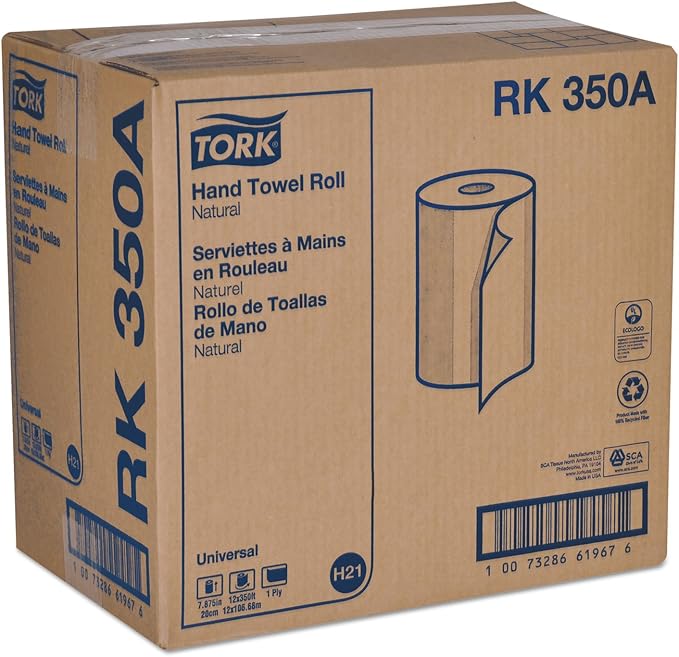 Tork Paper Hand Towel Roll Natural H21, Universal, 100% Recycled Fiber, 12 Rolls x 350 ft, RK350A