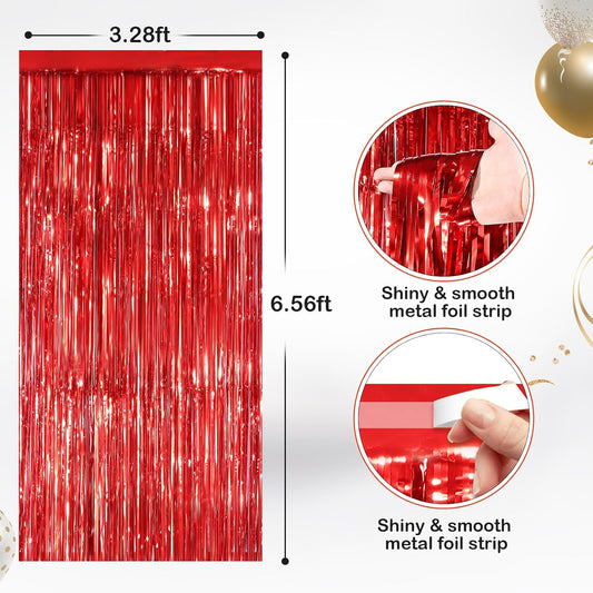2 Pack Red Metallic Tinsel Foil Fringe Curtains, Door Streamers Photo Booth Backdrop for Birthday Party, Tinsel Curtain Backdrop for Baby Shower Bachelorette Christmas Party Decorations