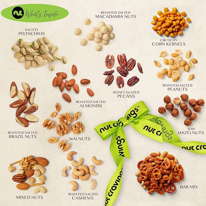 NUT CRAVINGS - Halloween Treats For Adults Mixed Nuts Gift Basket in Reusable Wooden Tray + Green Ribbon (12 Assortments) Holiday Xmas Christmas Food Arrangement, Healthy Snack Care Package