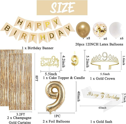 Trgowaul 9th Birthday Decorations for Girls, Banner, Sash and Crown, Cake Topper, 9 Number Balloon, Fringe Curtains, Champagne Gold 9th Birthday Party Supplies
