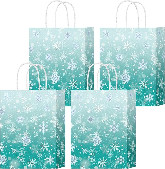 HongXingHai Christmas Gift Bags with Handles, 16 Pack Kraft Paper Bags with Snowflake Design, Reusable Holiday Party Favor Bags for Christmas, Winter Birthday, Wedding, Shopping, Small Gifts