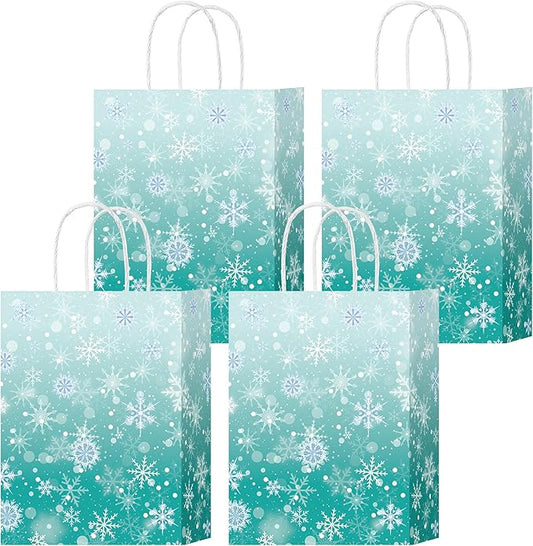HongXingHai Christmas Gift Bags with Handles, 16 Pack Kraft Paper Bags with Snowflake Design, Reusable Holiday Party Favor Bags for Christmas, Winter Birthday, Wedding, Shopping, Small Gifts