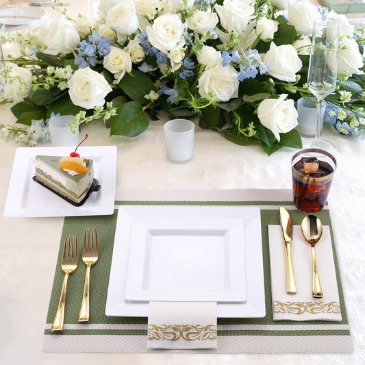 Disposable Square Plastic Plates - 100 Pack - 50 x 9.5 Dinner and 50 x 6.5 Salad Combo Plate - Premium Heavy Duty - Fancy and perfect for a Party, Wedding, or Birthday