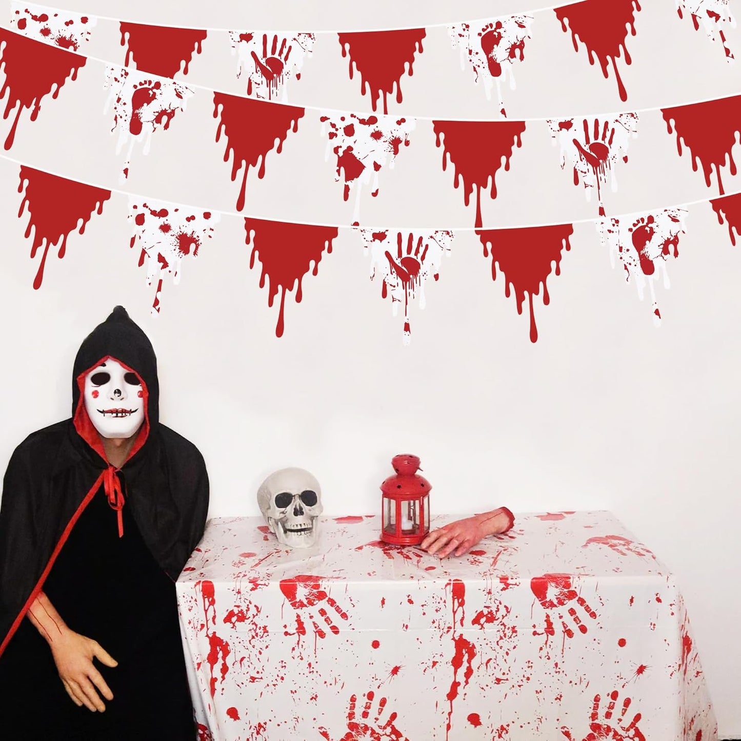 30Ft Halloween Party Decorations Red Bloody Handprint Footprint Triangle Flag Banner Fabric Pennant Garland Streamers for Happy Halloween Scary Zombie Vampire Horror Birthday Outdoor Garden Decor