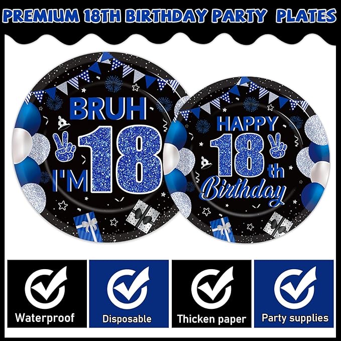 96PCS 18th Birthday Party Paper Plates and Napkins and Forks Set for Blue and Silver Bruh I'm 18 Years Old Party Paper Plates Disposable Decor Happy 18th Parties Set for Teens Birthday Decorations
