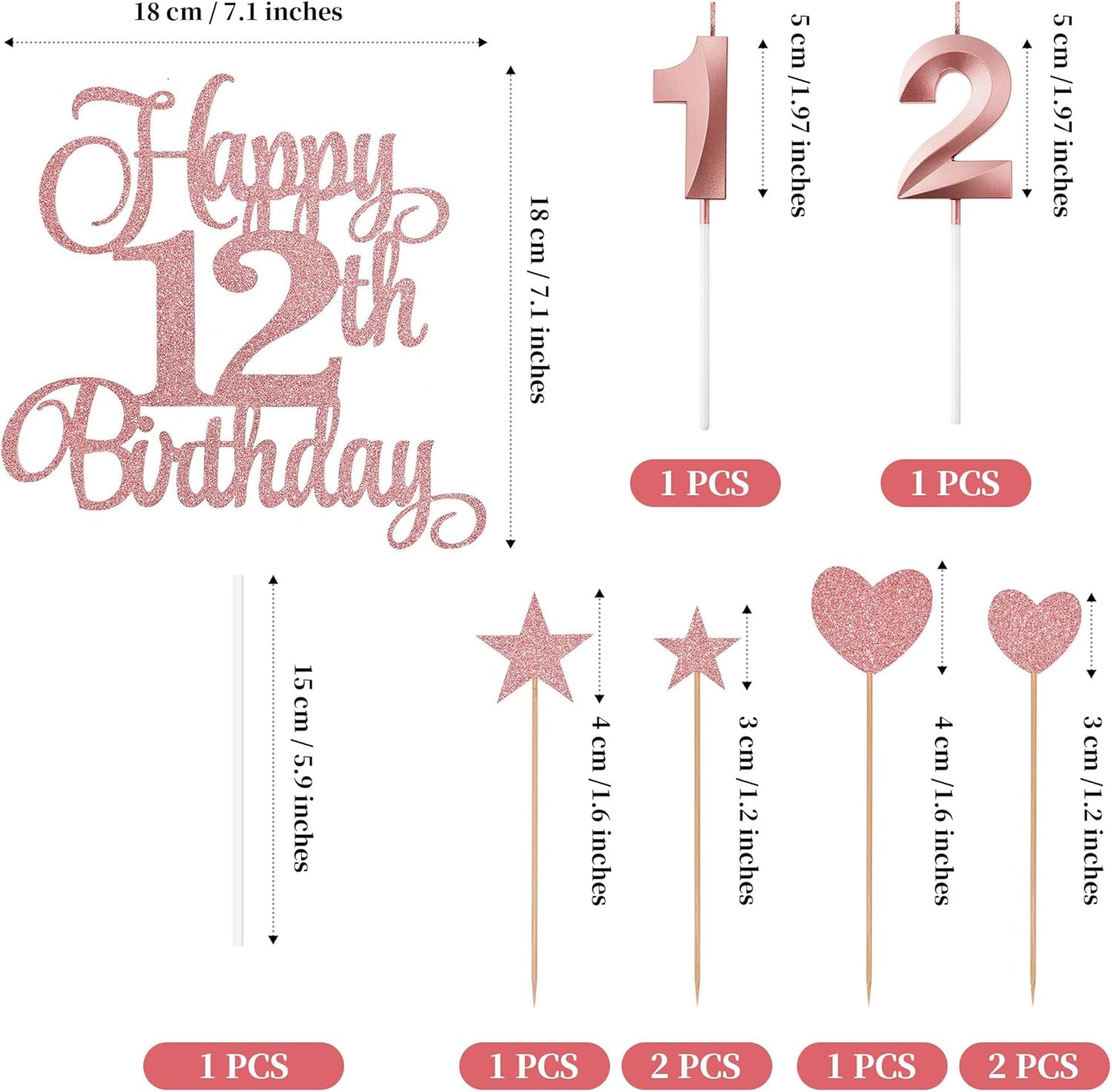 12th Birthday Cake Decorations, 12th Birthday Candles Cake Numeral Candles and Glitter Happy 12th Birthday Cake Toppers Set for Birthday Party Supplies (Rose Gold)