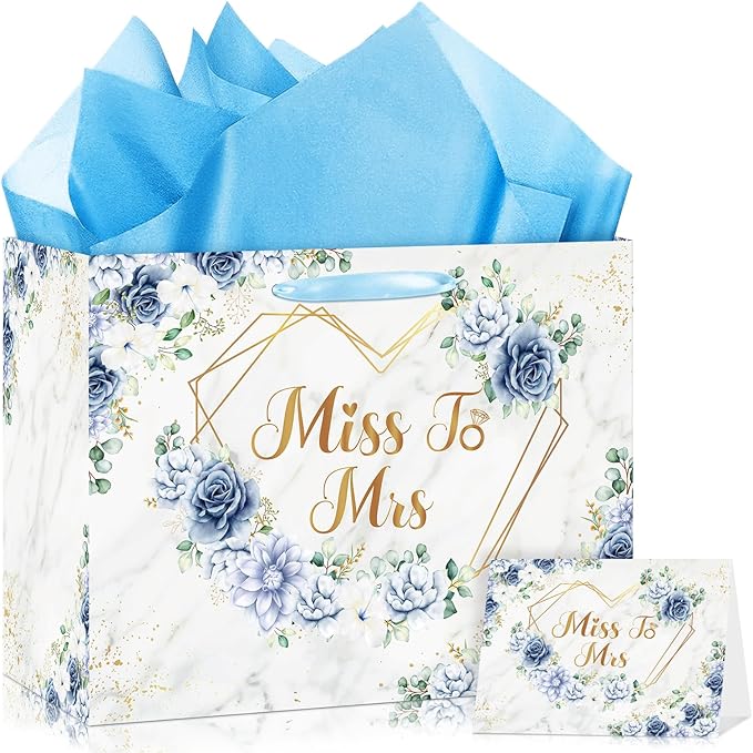 Blue Bridal Shower Gift Bag Wedding Miss to Mrs Gifts Bag with Tissue and Card Bridal Shower Gift Wrapping Paper Bag Floral Boho Christmas Wedding Gift Bags Bride Engagement Bachelorette Party Bag