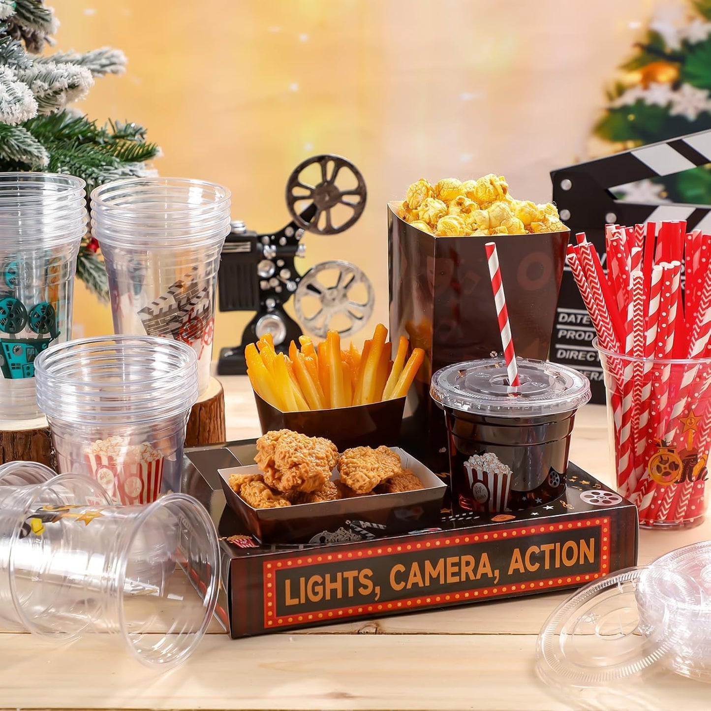 Bokon 172 Pcs/ 24 Sets of Christmas Movie Night Snack Trays 3 Sizes Snack Boxes, 16 oz Disposable Drinks Cups, 50 Straws, Complimentary Sealing Stickers for Cinema Party Decoration(Plastic,Cinema)
