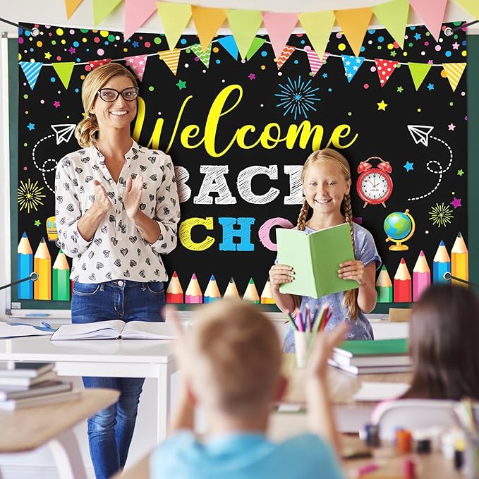 Large Welcome Back To School Banner Decorations 72x44 Inch, First Day of School Backdrop Banner Flag Photography Background for Kids Class Student Congratulations School Decorations Prom Supplies