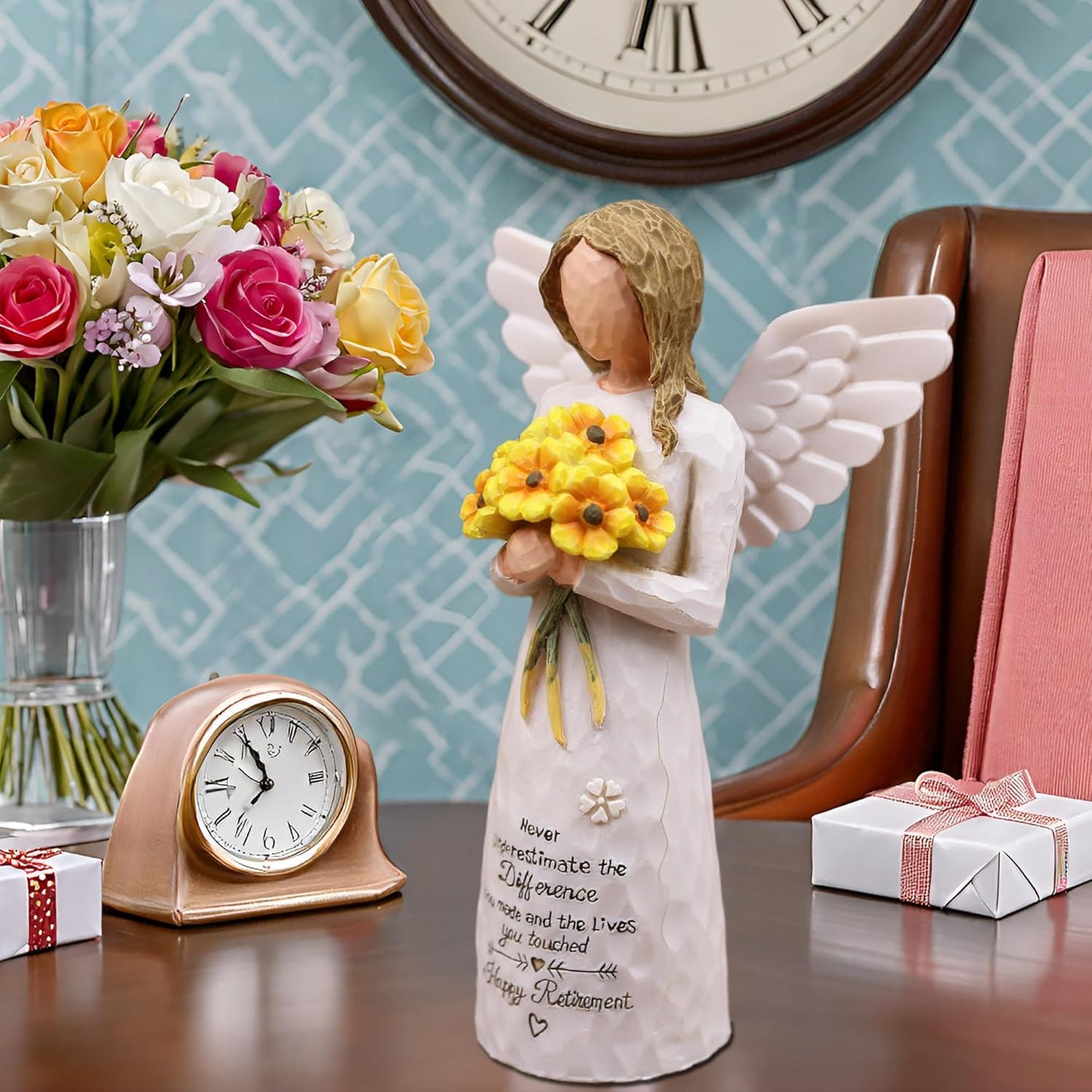 AUKEST Retirement Gift for Woman - Retirement Party Decorations, Sunflower Gifts for Women, Retired Gifts for Women, Goodbye Gift for Coworkers, 5.1" Angel Figurines (Yellow)