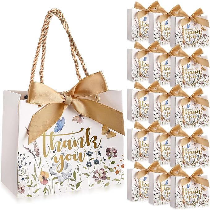 Moinchore 40 Pack Wildflower Thank You Gift Bags with Handles Small Thank You Party Favor Bags with Bow Wedding Welcome Tote for wedding Holiday Bridal Shower Party(Vintage Gold Flowers)