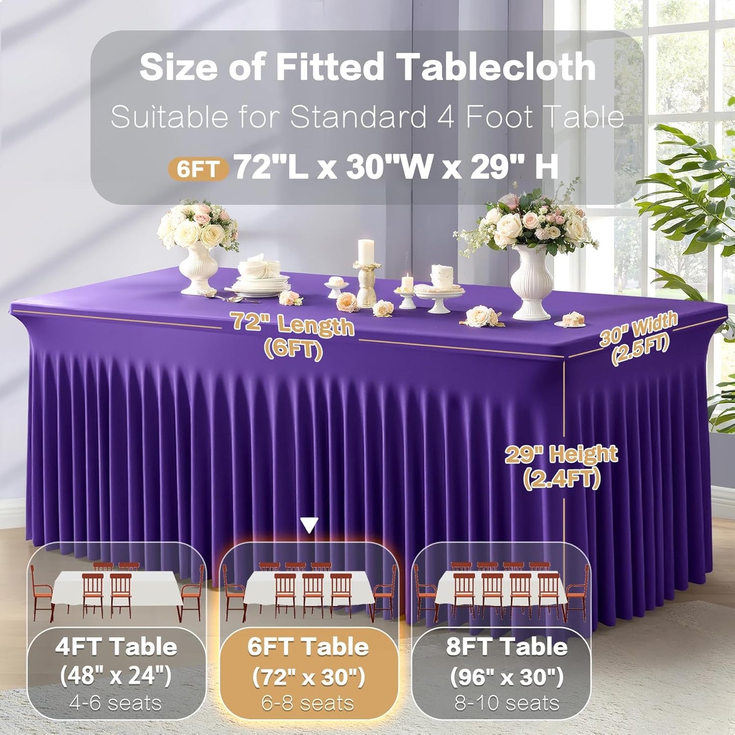 6 Packs Purple Spandex Tableclothes for 6 Foot Rectangle Table, Spandex Table Covers 6FT Stretch Table Skirts Rectangle Wrinkle Free Fitted Tablecover for Event, Wedding, Banquet & Parties