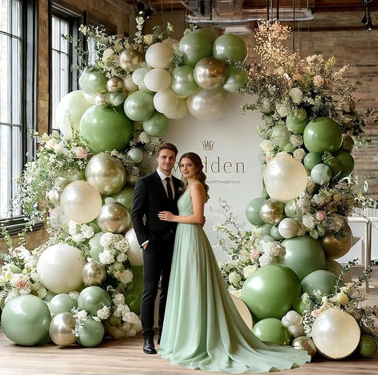 Green White Balloon Garland Double Stuffed Sage Green Gold Pearl White Balloons Arch Kit Dusty Pastel Cream Sand Latex for Christmas Baby Shower Birthday Engagement Party Decorations