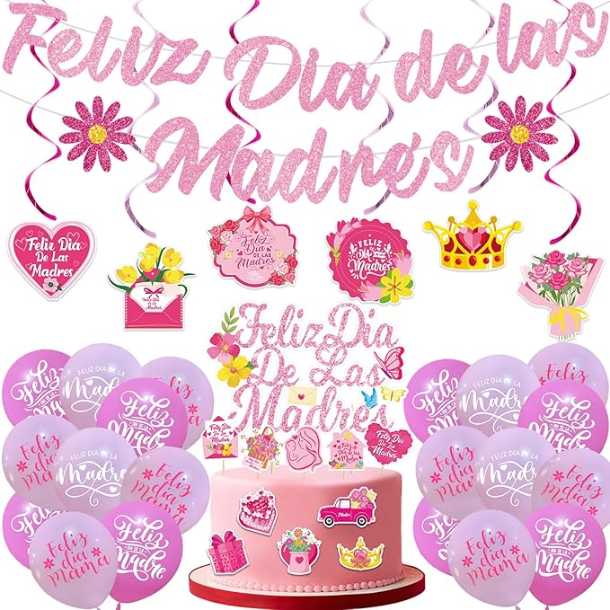 Feliz Día de las Madres Decorations Kit - Feliz Día de las Madres Banner,6 Hanging Swirl Banners, 15 Printed Latex Balloons and Cake Topper for Mexican Mother's Day Party