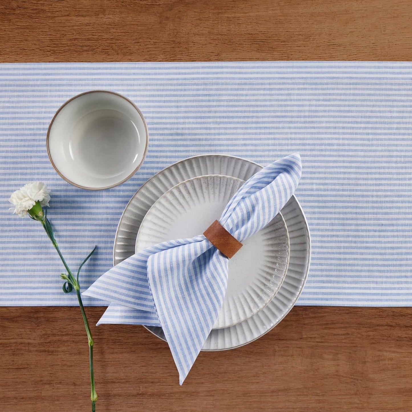 Solino Home Linen Striped Table Runner 108 Inches Long - Narrow Stripe 100% Pure Linen Cornflower Blue and White Dining Table Runner 14 x 108 Inch