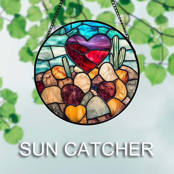 Stained Glass Window Hanging Red Heart-Shaped Stone 9.8" - Suncatcher Door Garden Sun Catcher Home Decor Birthday Anniversary Valentines Day Gifts for Woman Wife Men Her Him Lovers