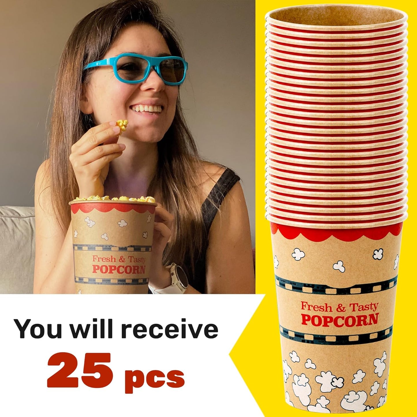 CUSINIUM 46 oz 25-Pack Kraft Popcorn Buckets - Large Popcorn Tubs