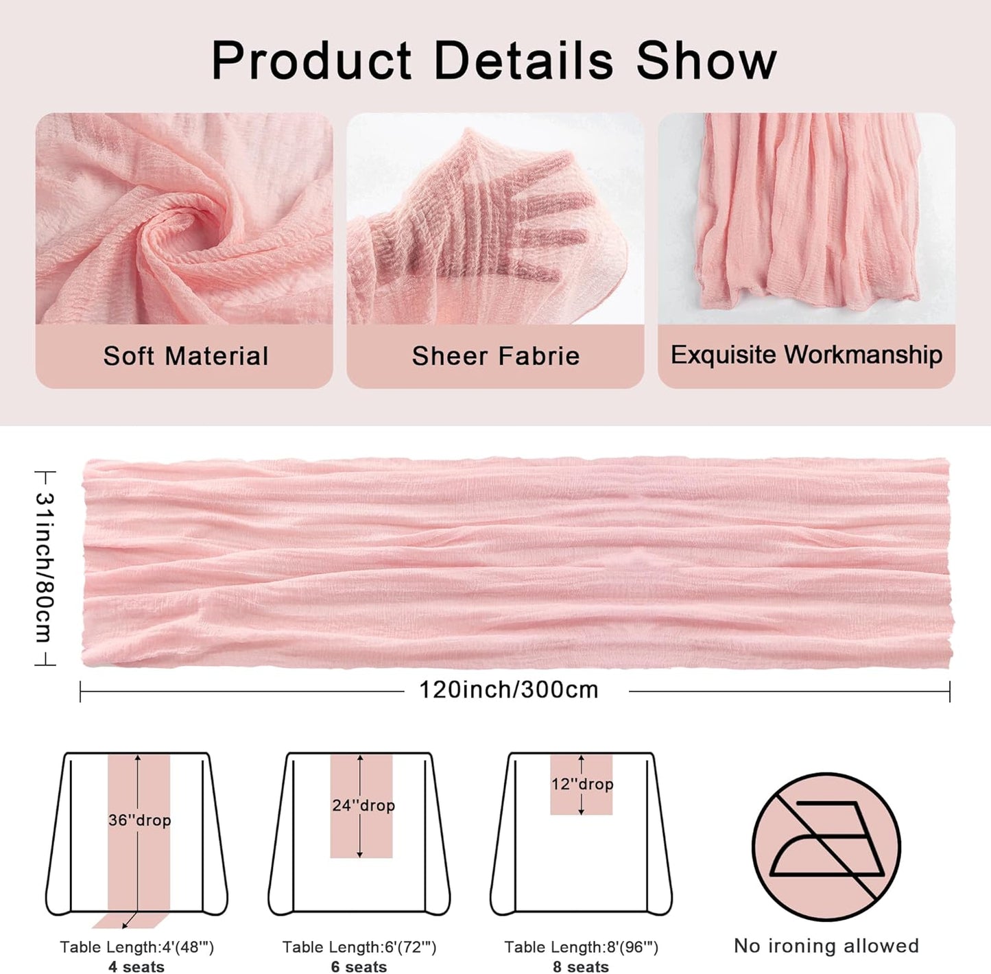 FEXIA Pink Table Runner 30x118 Inches for Spring Easter Decor Dusty Pink Cheesecloth Table Runner for Tea Party Decorations Gauze for Wedding Baby Shower Bridal Shower First Communion and Home Decor