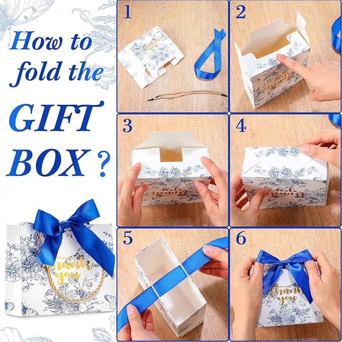 Kolldenn 40 Pcs Small Thank You Floral Gift Bags 5.5''x 2.4''x 4.7'' Blue White Paper Party Favor Bag with Handle Chinoiserie Floral Bag Bulk with Ribbon for Wedding Birthday Bridal Baby Shower