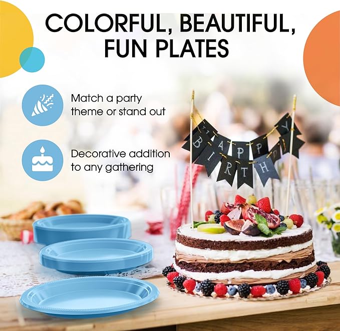 Party Solids Light Blue Plastic Plates For Party Supplies, Light Blue Disposable Plates 100 Pieces - 50-7" & 50-9" Heavy Duty 350 GSM Disposable Dinnerware Sets, Plastic Dinnerware Sets
