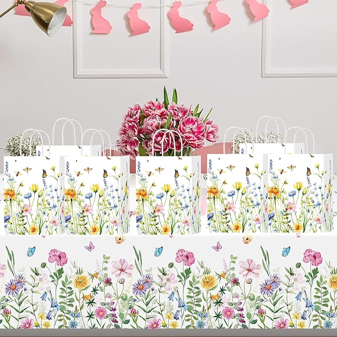 HongXingHai Wildflower Party Favor Bags 16Pack - Heavy-Duty Paper Gift Bags with Handles for Spring Garden Weddings, Bridal Showers, Birthday Tea Decorations