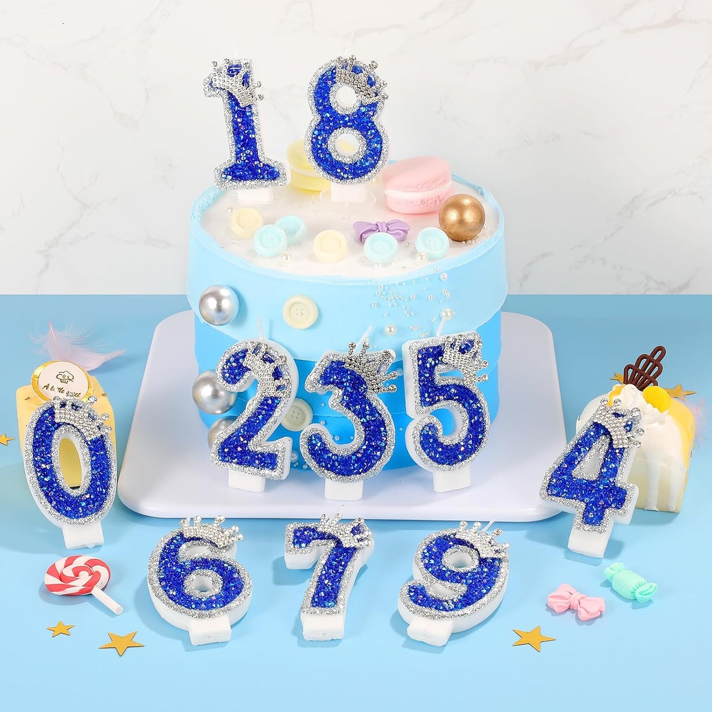 Blue Birthday Candle Crown Number 5 Candle with Sequins Cake Candles Cupcake Decorations Party Decor for Anniversary Celebrations Supplies