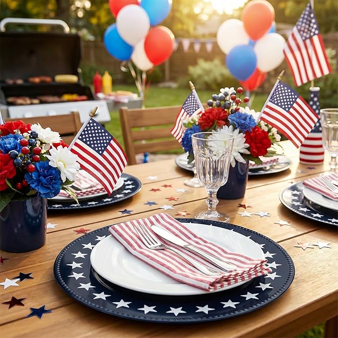 Yungyan 6 Pcs 250 Anniversary Charger Plates 13 Inch Round Navy Blue Independence Patriotic 4th of July Star Plastic Plates Large Charger Plate for Party Decorations Dinner Tableware Supplies