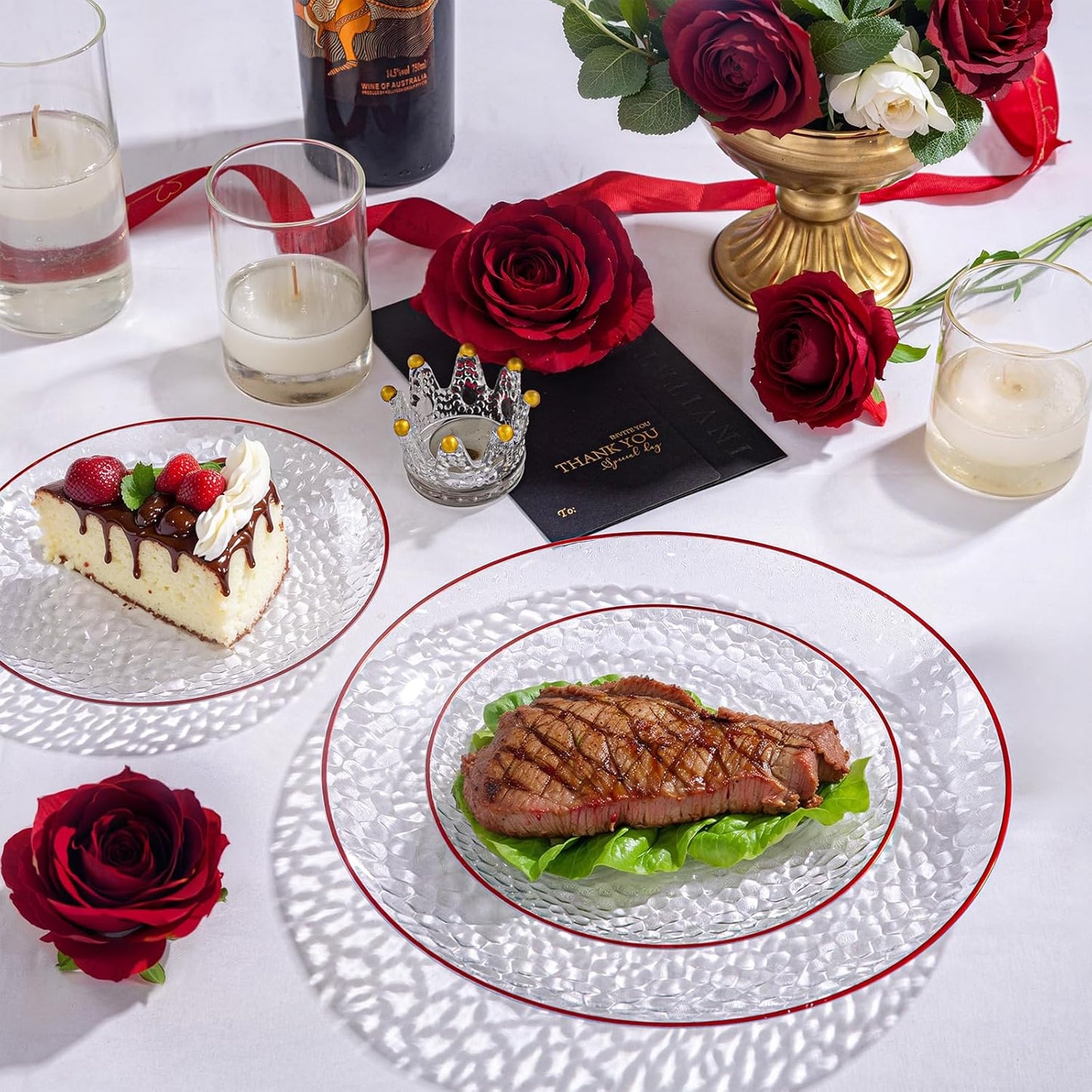 Rubtlamp 60Pcs Red Plastic Plates, Clear Plastic Plates, Heavy Duty Disposable Plates for Party, Fancy Hammered Plates Include 30 Red Dinner Plates 30 Clear Cake Plates For Wedding