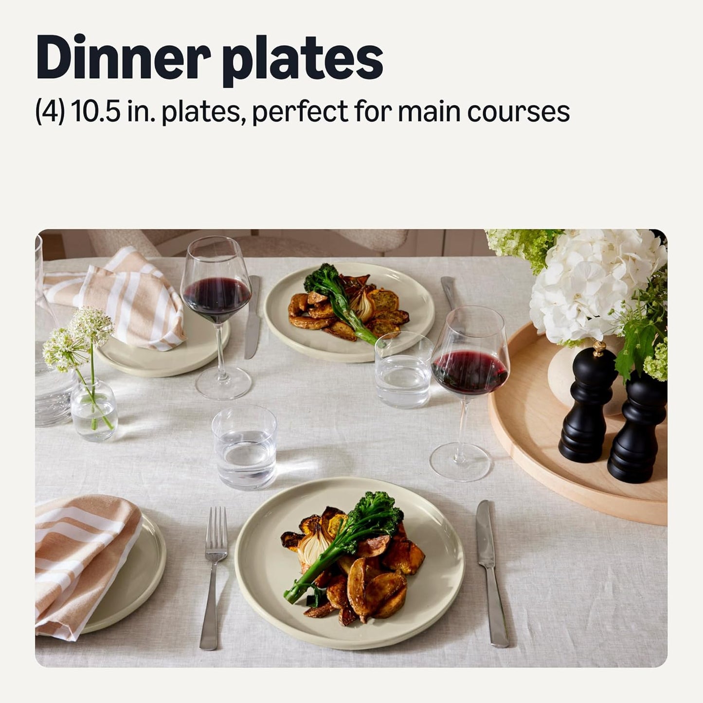 Amazon Basics Glazed Stoneware Dinner Plates, 4-Piece Set, Microwave and Dishwasher-Safe, 10.5 in., Ivory