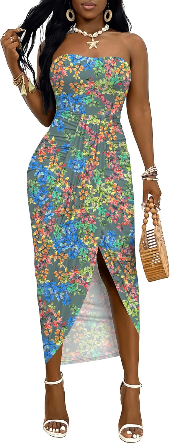 Umenlele Women's Strapless Ruched High Waist Wrap Split Asymmetrical Beach Maxi Long Dress