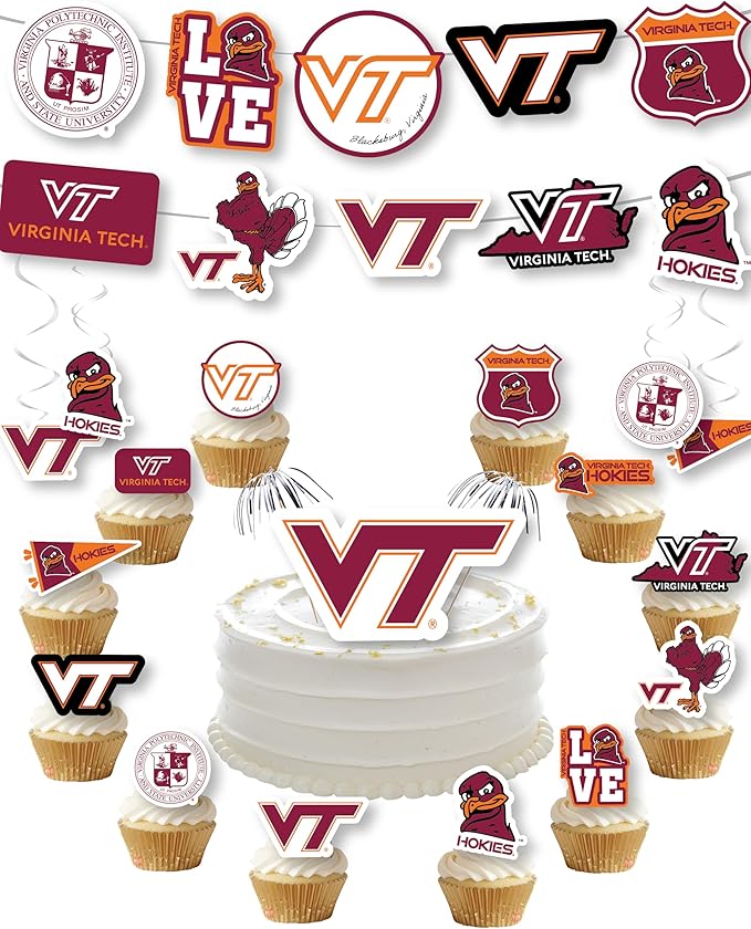 Party Supplies for Football, Birthday Gift, Graduation Party Banner and Cake Toppers (42 Pieces) (Virginia Tech Hokies)