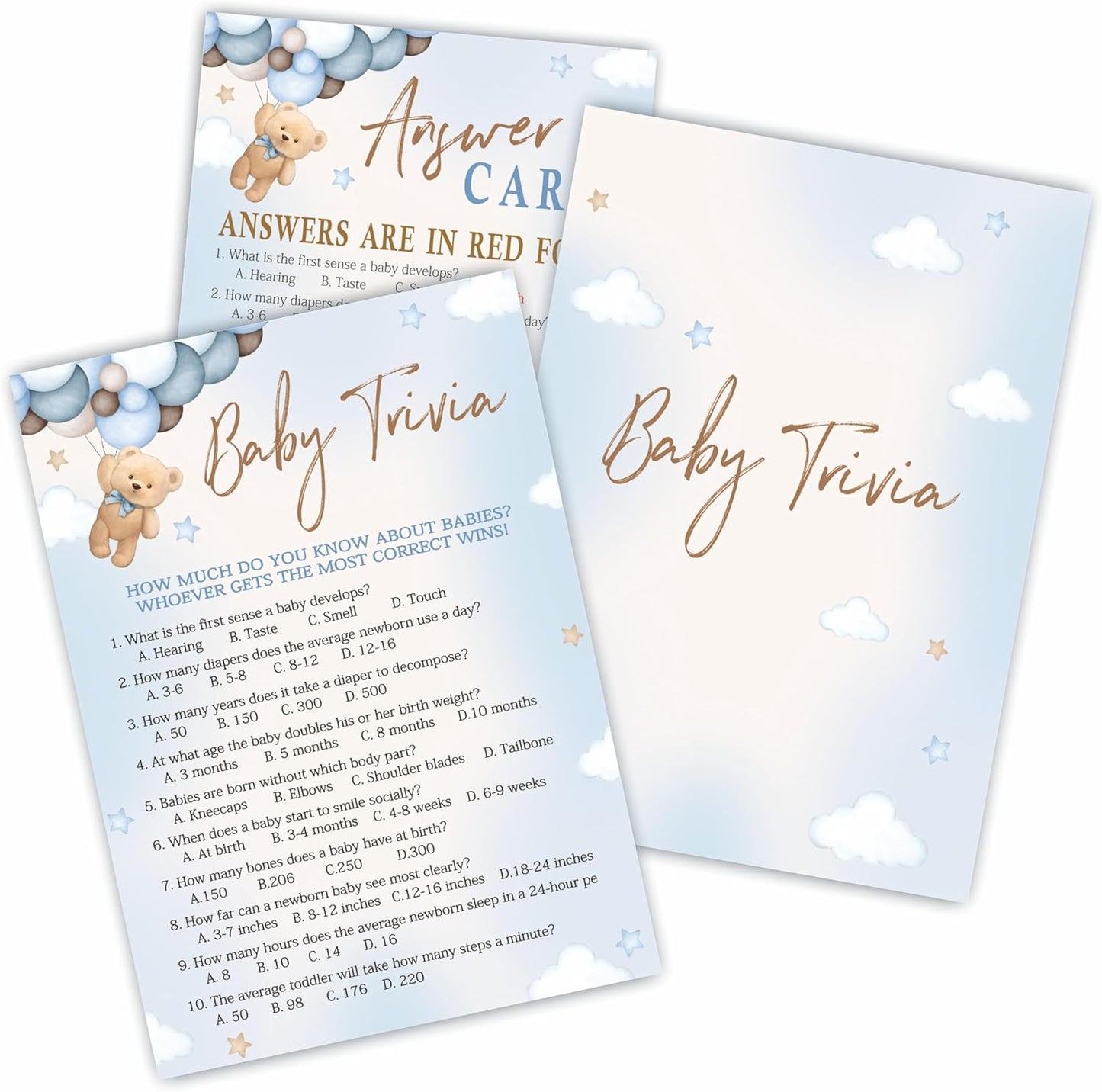 Baby Trivia Game Set For Baby Shower Activity, 30 Double-Sided Fill In Bear & Balloons Game Cards With 1 Answer Card For Girls Boys, Gender Reveal Game，Baby Shower Party Favors & Supplies -A24