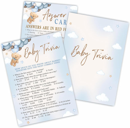 Baby Trivia Game Set For Baby Shower Activity, 30 Double-Sided Fill In Bear & Balloons Game Cards With 1 Answer Card For Girls Boys, Gender Reveal Game，Baby Shower Party Favors & Supplies -A24