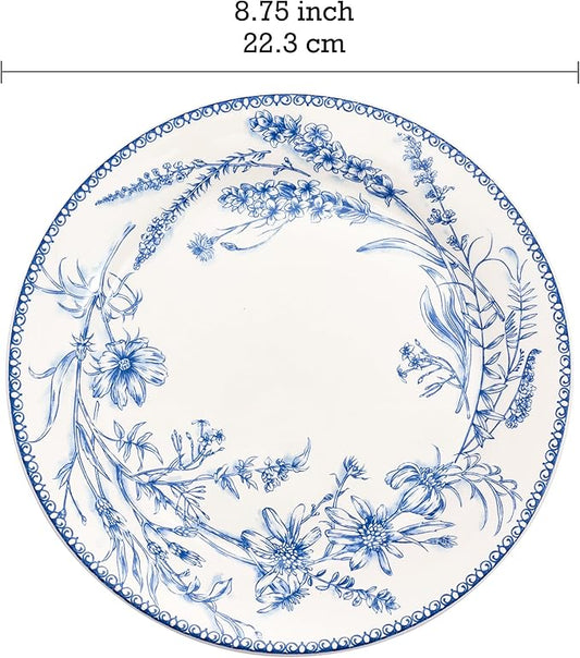 Bico Blue Garden Toile De Jouy Salad Plates Set of 4, 8.75 Inch Ceramic Dessert Plates for Salad, Appetizer, Side Dishes, Microwave and Dishwasher Safe, Gift for Housewarming and Thanksgiving