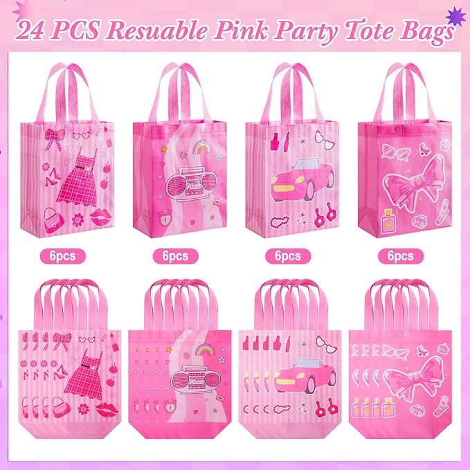 Wesnoy 24 Pcs Pink Party Favor Bags with Handle Hot Pink Reusable Non Woven Goodie Bags Bulk Princess Party Favors for Bachelorette Birthday Decoration