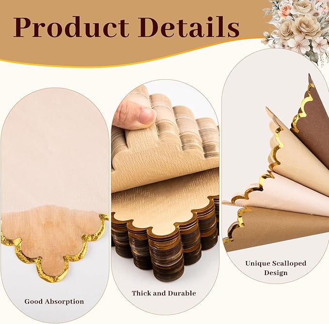 100 Pcs Brown Scalloped Napkins with Gold Foil Gradient Color Cocktail Napkin Folded 5 x 5 Beverage Napkins Disposable Paper Napkins for Birthday Party Supplies