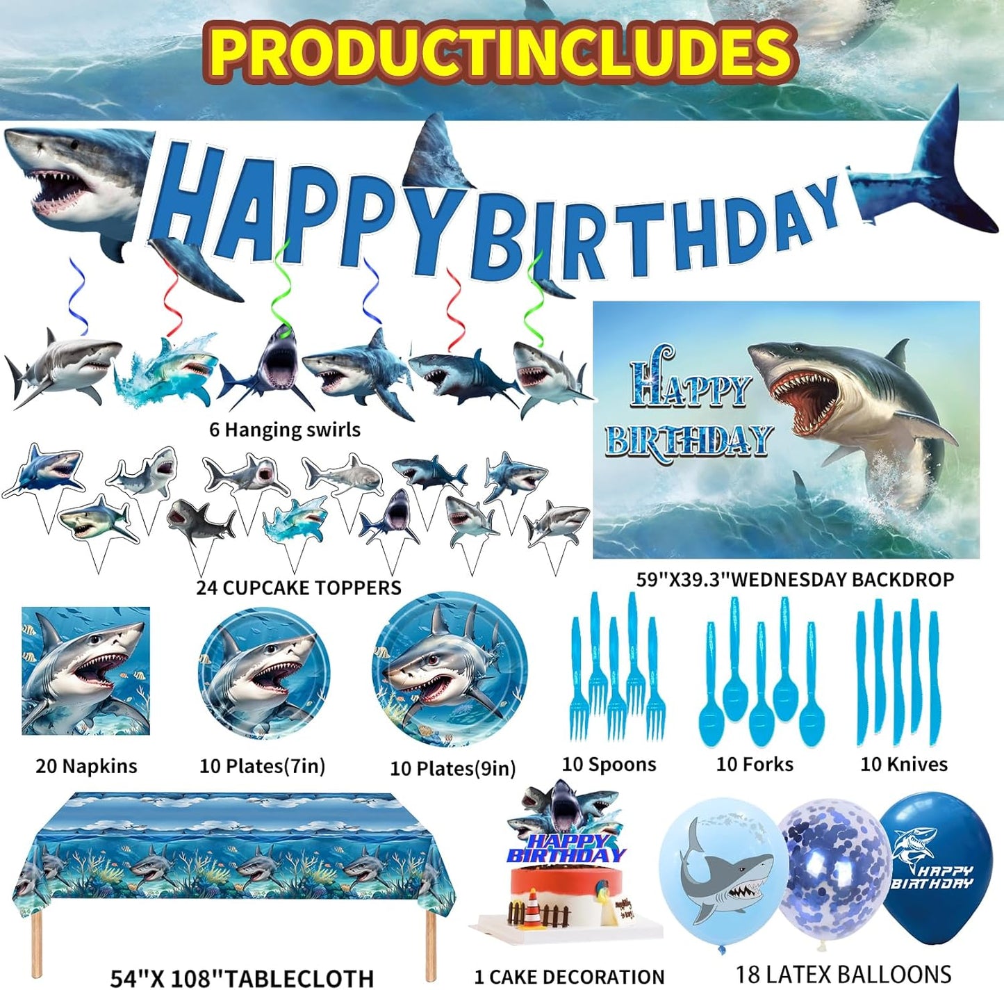 Shark Birthday Party Supplies, Shark Theme Style Party Include Happy Birthday Banner, Backdrop, Tableware Set, Tablecloth, Hanging Swirls, Cake Toppers, Cupcake Toppers, Latex Balloons(A)
