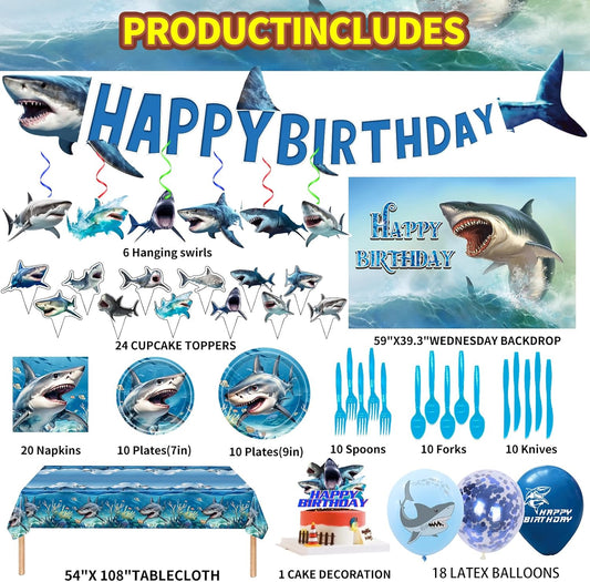 Shark Birthday Party Supplies, Shark Theme Style Party Include Happy Birthday Banner, Backdrop, Tableware Set, Tablecloth, Hanging Swirls, Cake Toppers, Cupcake Toppers, Latex Balloons(A)