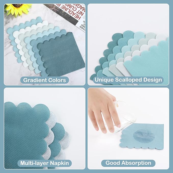 durony 150 Pack Scalloped Napkins 5 x 5 Inch Disposable Paper Napkins Gradient Color Napkins with Scalloped Edges for Dinner Wedding Birthday Party Supplies, Fog Blue