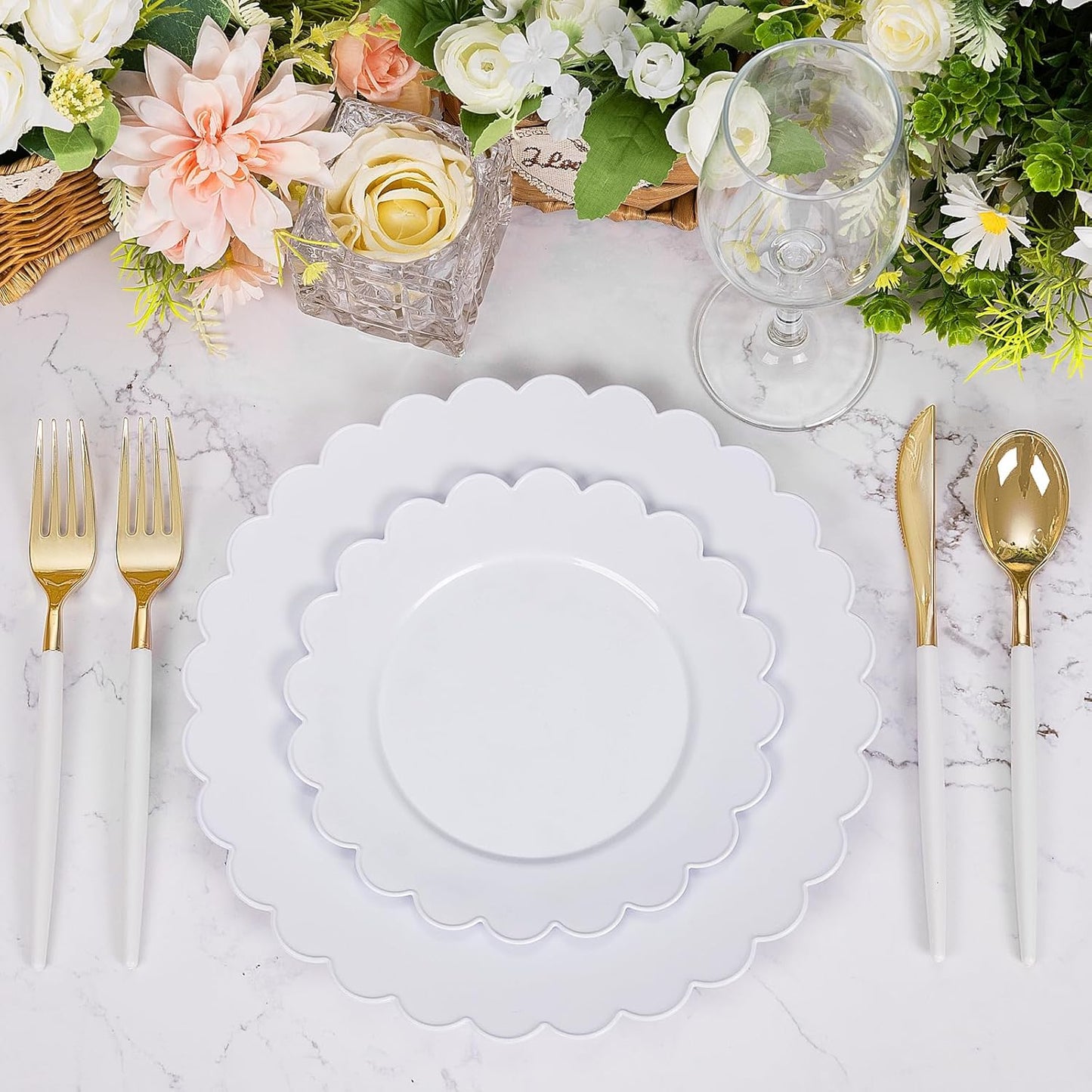 supernal 100pcs White Plastic Plates Disposable For Birthday And Wedding,Plastic Plates For Party Includes 50pcs Dinner and Dessert Plate.Scalloped Plastic Plate,Graduation Decorations 2025 Deals