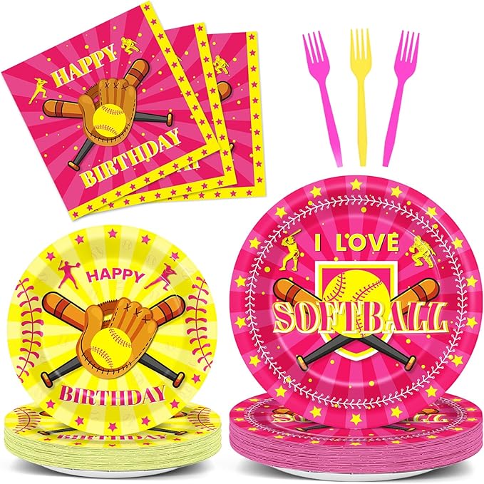 96Pcs Softball Party Supplies Softball Theme Paper Plates Napkins Softball Party Decorations Pink Softball Dinnerware Party Favor Girl Birthday Party Tableware Serves 24