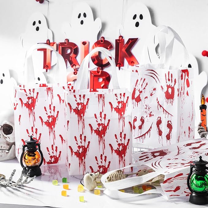 Wovnet 30 Pcs Halloween Party Favor Gift Bags Bloody Handprint Reusable Non Woven Goodie Treat Bags with Handle Horror Theme for Halloween Party Supplies 10 x 8 x 4in