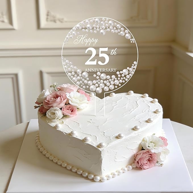 Coucoland Personalized Cake Topper - Round Acrylic Decor for Wedding Birthday with Elegant Pearls and Marker Pen (White)
