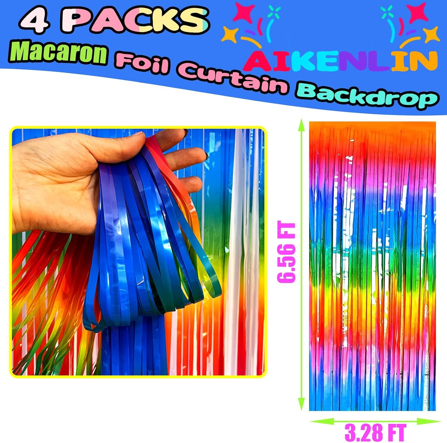 4 Pack 3.3Ft x 6.6Ft Rainbow Foil Fringe Curtain Backdrop, Colorful Metallic Tinsel Foil Fringe Streamers Curtains Background for Photo Booth, Birthday, Wedding, Halloween, Christmas Party Decoration
