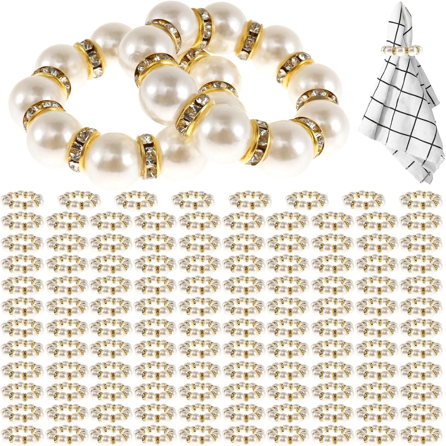 120 Pcs Gold Napkin Rings, Imitation Pearl Napkin Ring Set, Disposable White & Gold Beaded Napkins Rings for Wedding Party Home Reunion Table Decorations